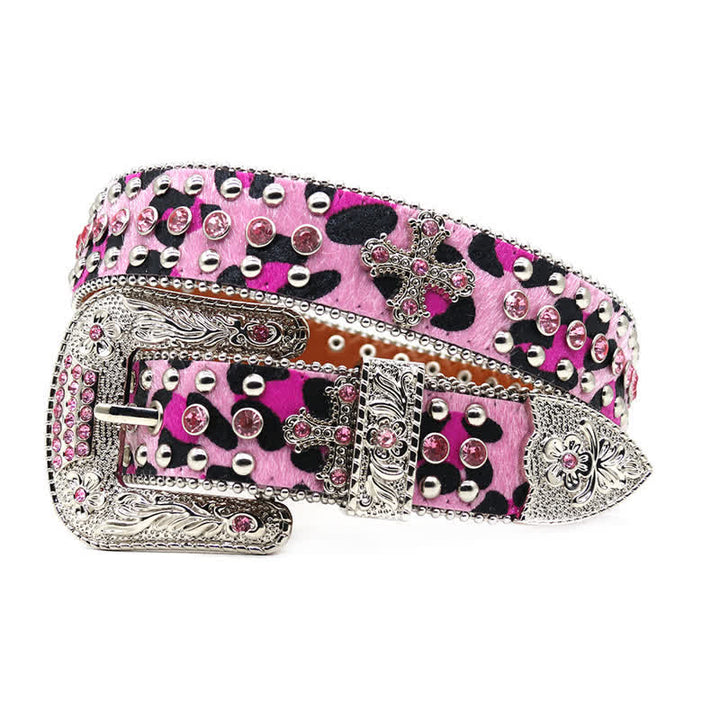 Kreuznieten besetzter Glitzer-Rhinestone-Ledergürtel