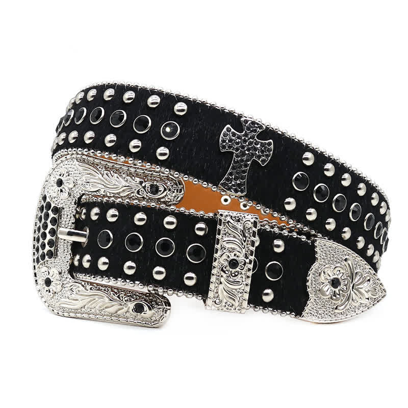 Kreuznieten besetzter Glitzer-Rhinestone-Ledergürtel