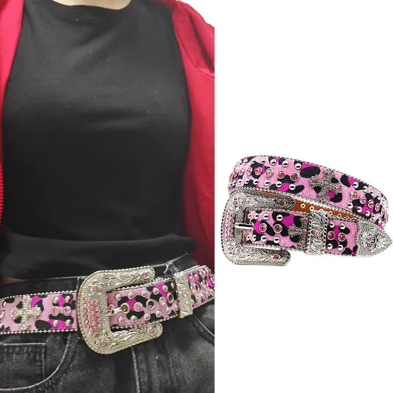 Kreuznieten besetzter Glitzer-Rhinestone-Ledergürtel