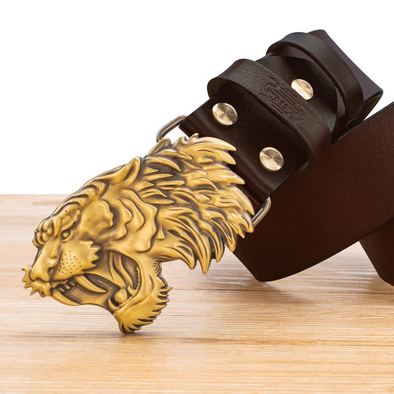 Kupfer 3D Bronze Tigerkopf Schnallengürtel aus Leder