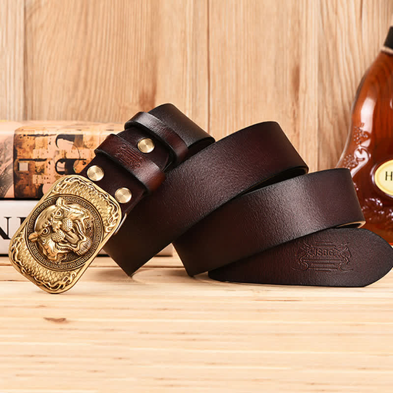 Wilder Tigerkopf Kupferschnalle Vintage Ledergürtel