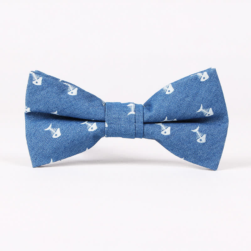 Herren-Britischer-Stil Blauer Fischknochen Schädel Print Baumwollfliege