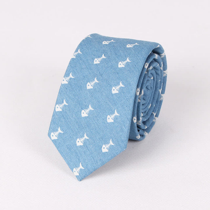 Herren britischer Stil blauer Fischknochen-Schädel-Print Baumwollkrawatte