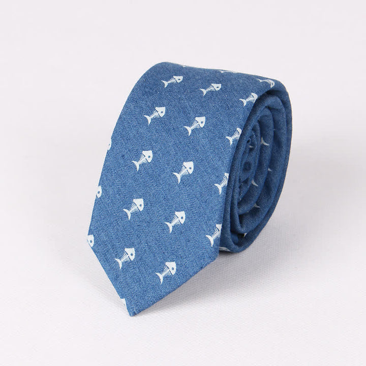 Herren britischer Stil blauer Fischknochen-Schädel-Print Baumwollkrawatte