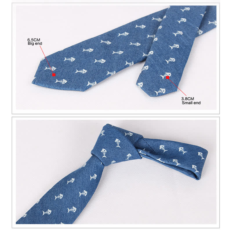 Herren britischer Stil blauer Fischknochen-Schädel-Print Baumwollkrawatte