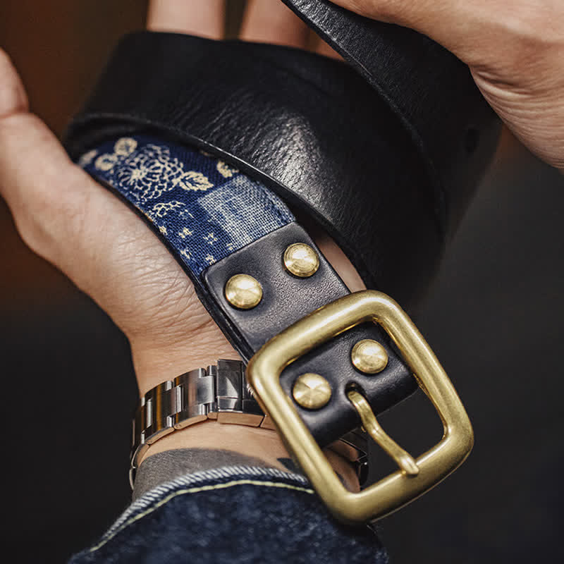 Retro-Herren-Gürtel aus Stoff und Leder mit antikem Blumenmuster