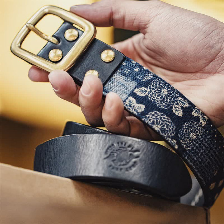 Retro-Herren-Gürtel aus Stoff und Leder mit antikem Blumenmuster