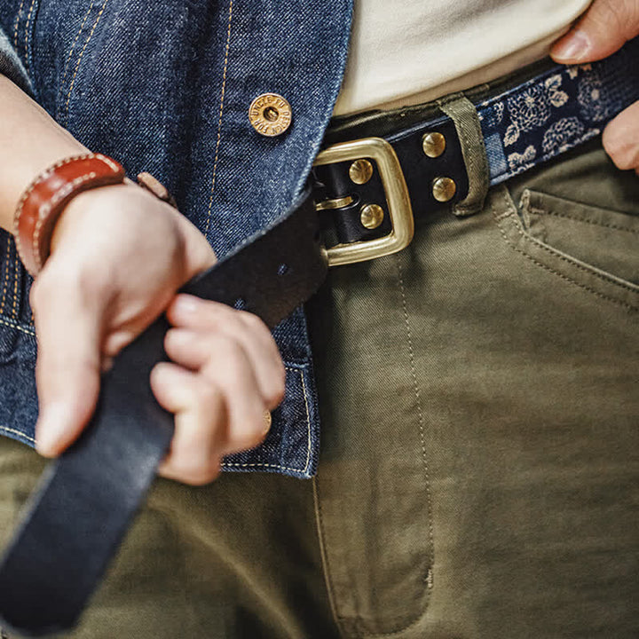 Retro-Herren-Gürtel aus Stoff und Leder mit antikem Blumenmuster