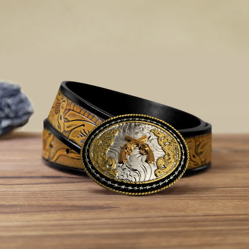 Herren DIY Western Cowboy Gürtel mit goldener ovaler Schnalle