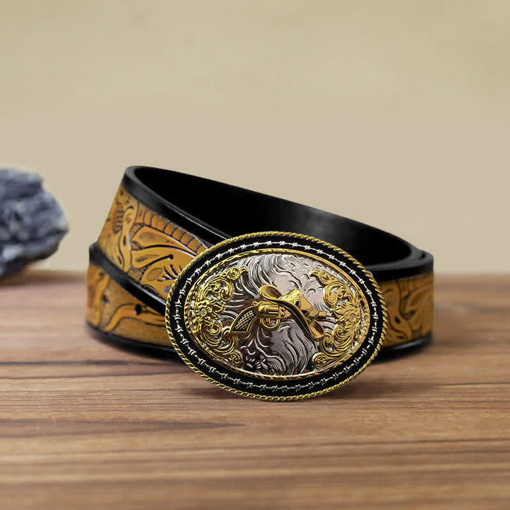 Herren DIY Western Cowboy Gürtel mit goldener ovaler Schnalle