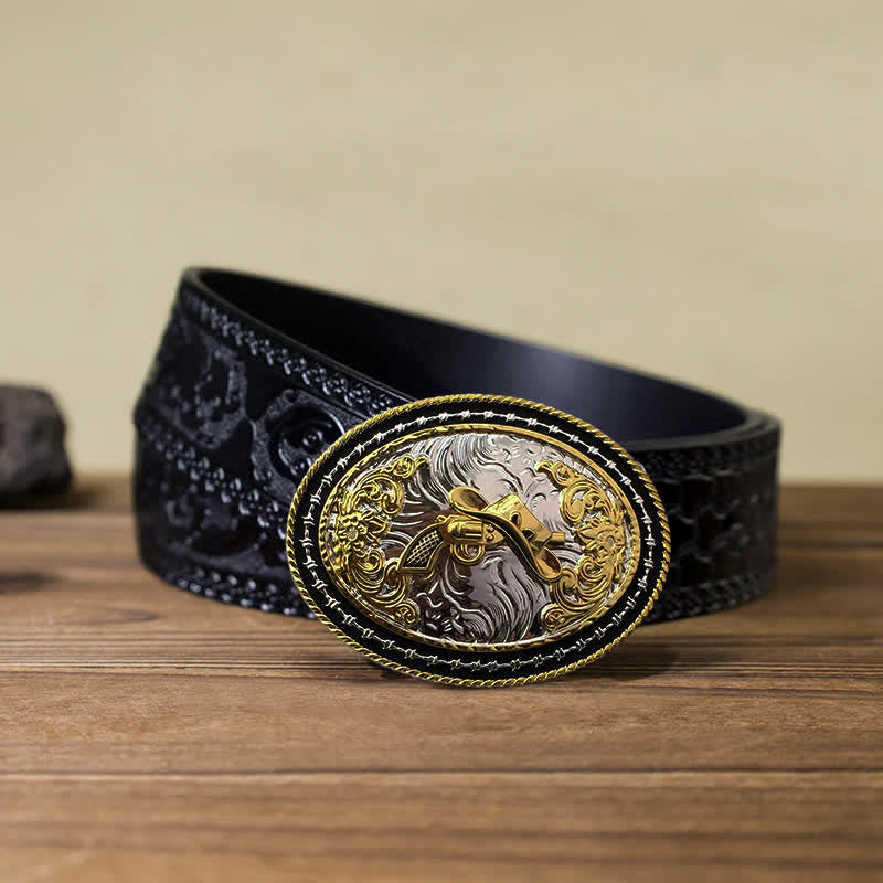 Herren DIY Western Cowboy Gürtel mit goldener ovaler Schnalle