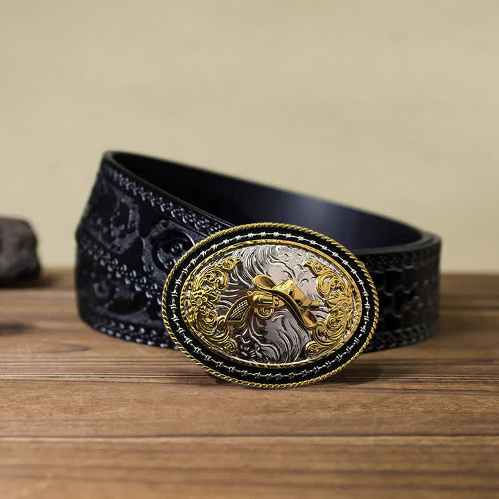 Herren DIY Western Cowboy Gürtel mit goldener ovaler Schnalle
