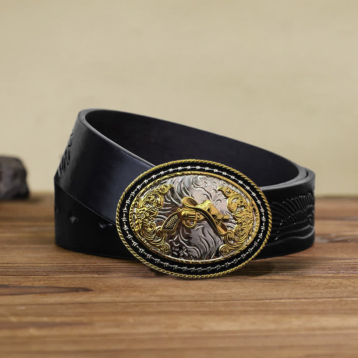 Herren DIY Western Cowboy Gürtel mit goldener ovaler Schnalle
