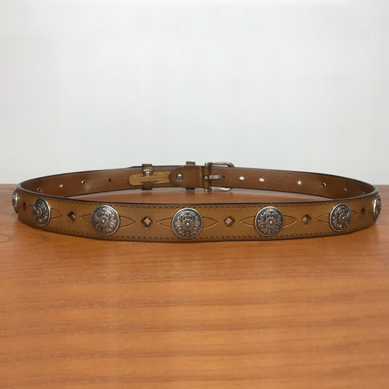 Vintage Rundgeschnitzter Blumen-Nieten-Ledergürtel