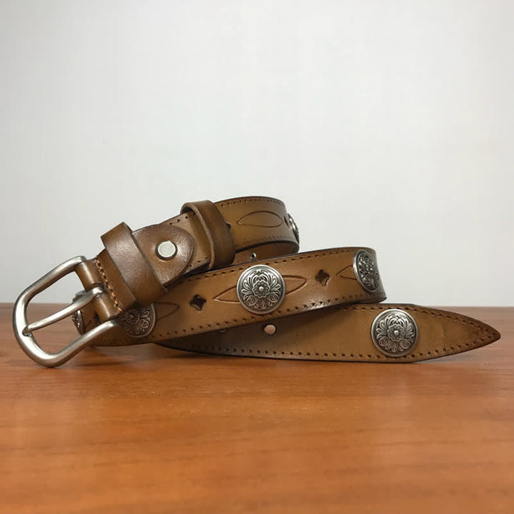 Vintage Rundgeschnitzter Blumen-Nieten-Ledergürtel