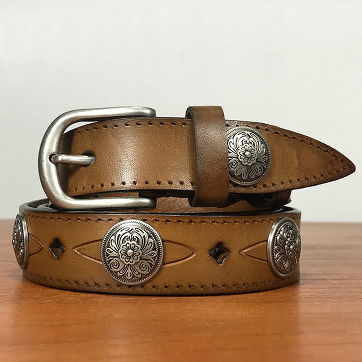 Vintage Rundgeschnitzter Blumen-Nieten-Ledergürtel