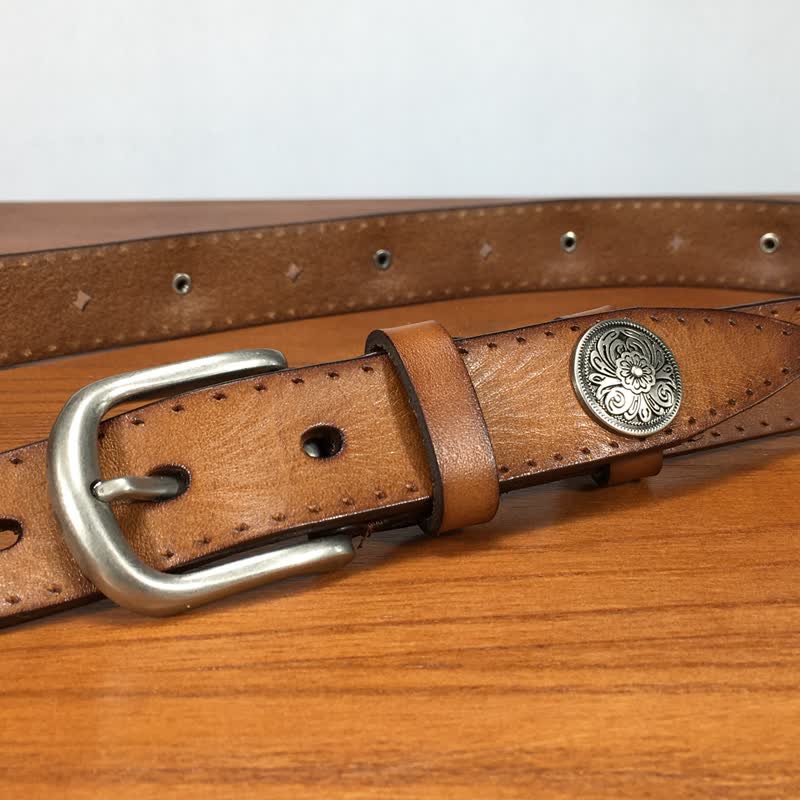 Vintage Runder Ledergürtel mit Blumennieten - image 5