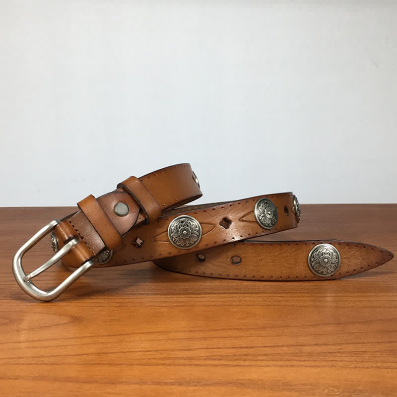 Vintage Rundgeschnitzter Blumen-Nieten-Ledergürtel