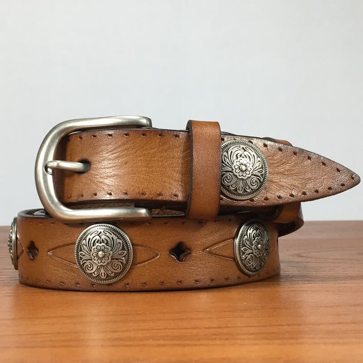Vintage Rundgeschnitzter Blumen-Nieten-Ledergürtel