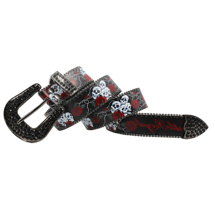 Gotischer Strass Skelett Rose bedruckter Ledergürtel