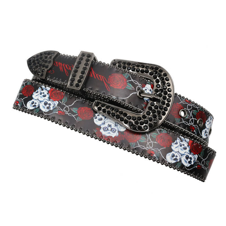 Gotischer Strass Skelett Rose bedruckter Ledergürtel