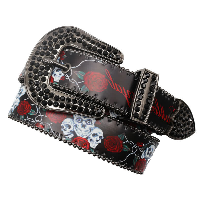 Gotischer Strass Skelett Rose bedruckter Ledergürtel