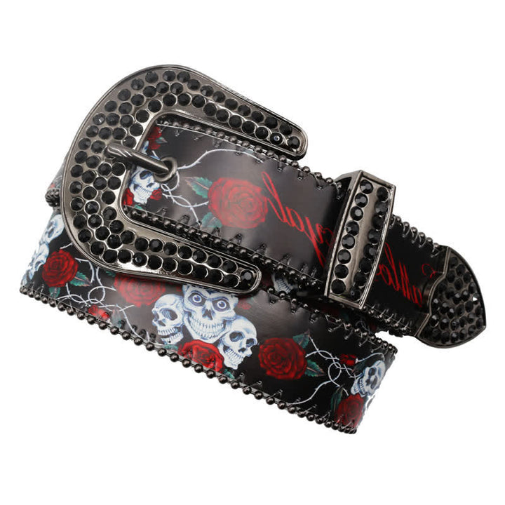 Gotischer Strass Skelett Rose bedruckter Ledergürtel