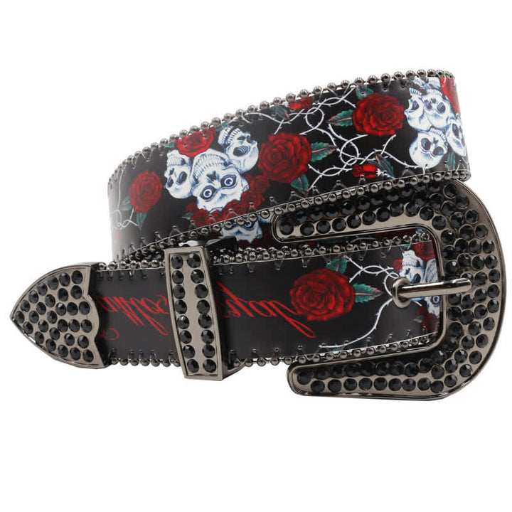 Gotischer Strass Skelett Rose bedruckter Ledergürtel