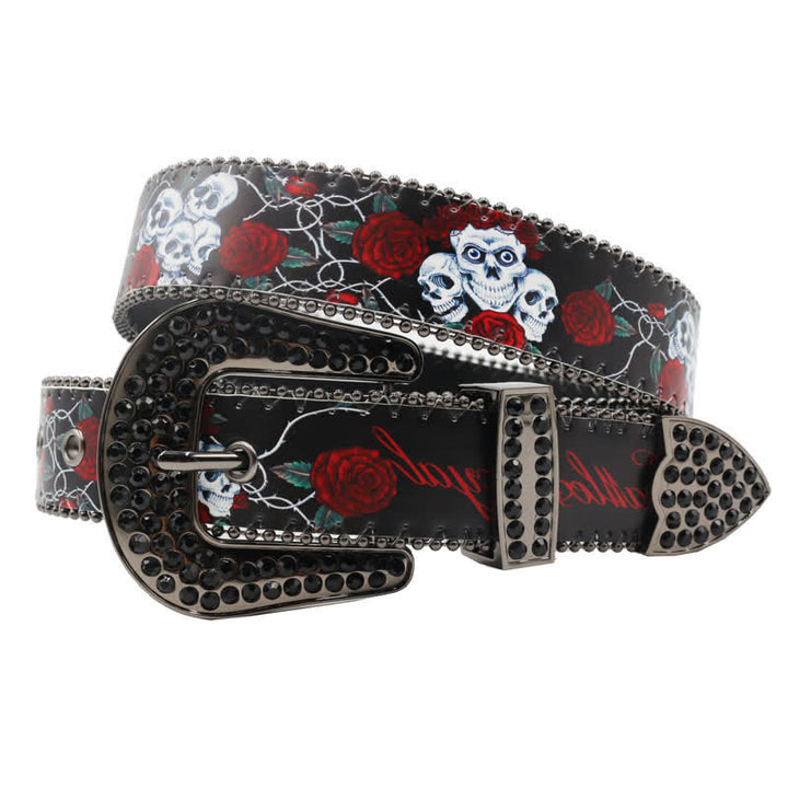 Gotischer Strass Skelett Rose bedruckter Ledergürtel