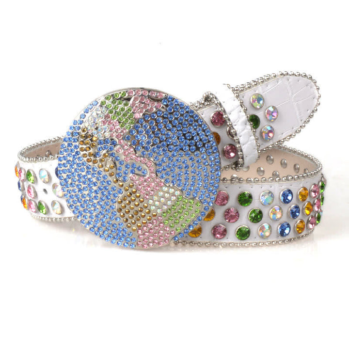 Unisex Großer Runder Bling Rhino Stone Schnallengürtel aus Leder