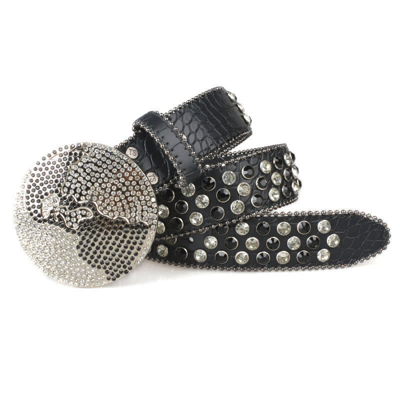 Unisex Großer Runder Bling Rhino Stone Schnallengürtel aus Leder