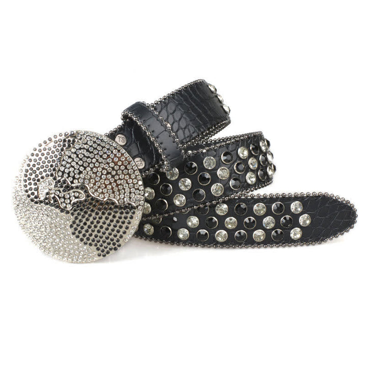 Unisex Großer Runder Bling Rhino Stone Schnallengürtel aus Leder