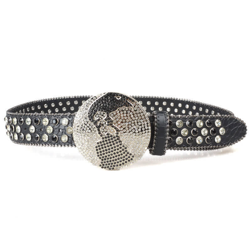 Unisex Großer Runder Bling Rhino Stone Schnallengürtel aus Leder