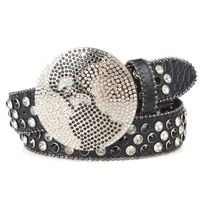 Unisex Großer Runder Bling Rhino Stone Schnallengürtel aus Leder