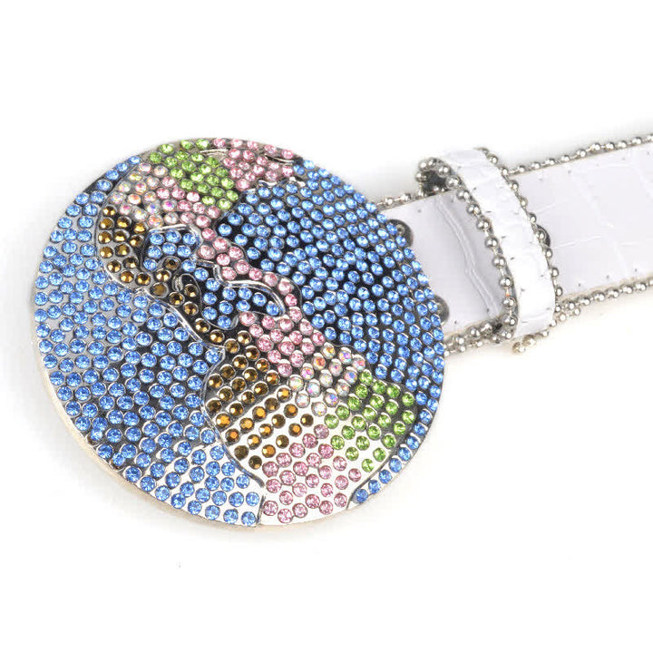 Unisex Großer Runder Bling Rhino Stone Schnallengürtel aus Leder