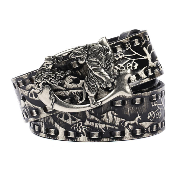 Unisex Retro Tigers gravierter Schnalle Ledergürtel