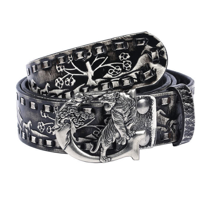 Unisex Retro Tigers gravierter Schnalle Ledergürtel