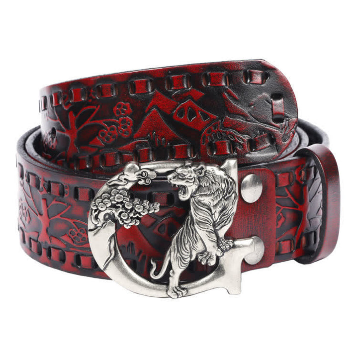 Unisex Retro Tigers gravierter Schnalle Ledergürtel