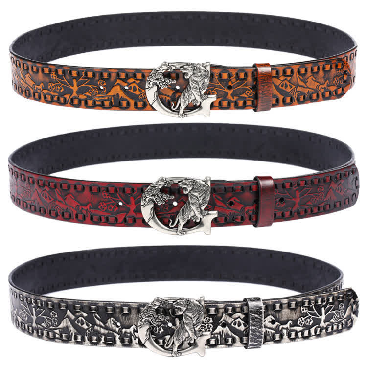 Unisex Retro Tigers gravierter Schnalle Ledergürtel