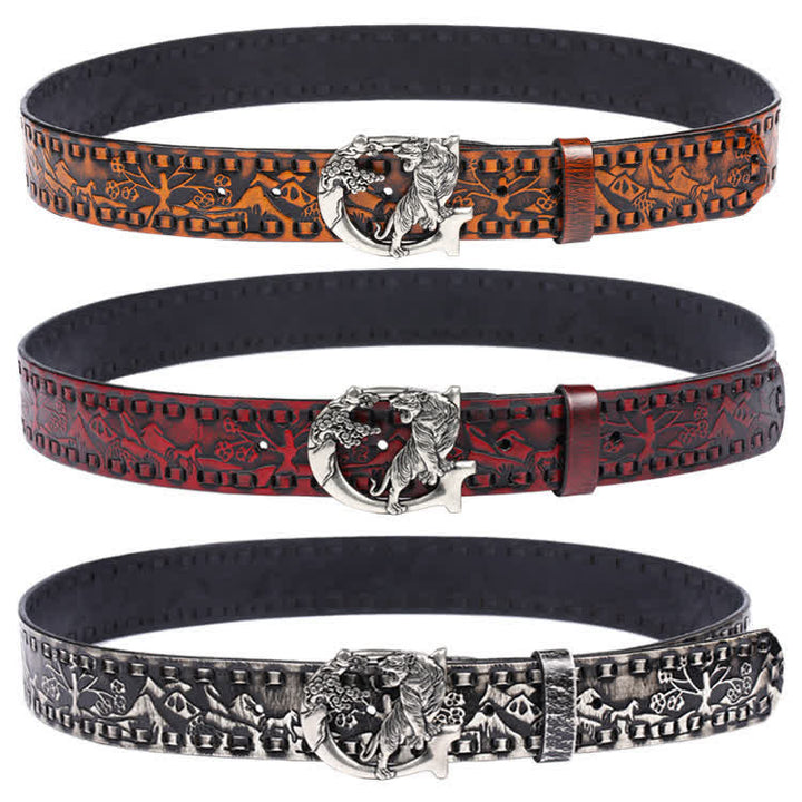 Unisex Retro Tigers gravierter Schnalle Ledergürtel