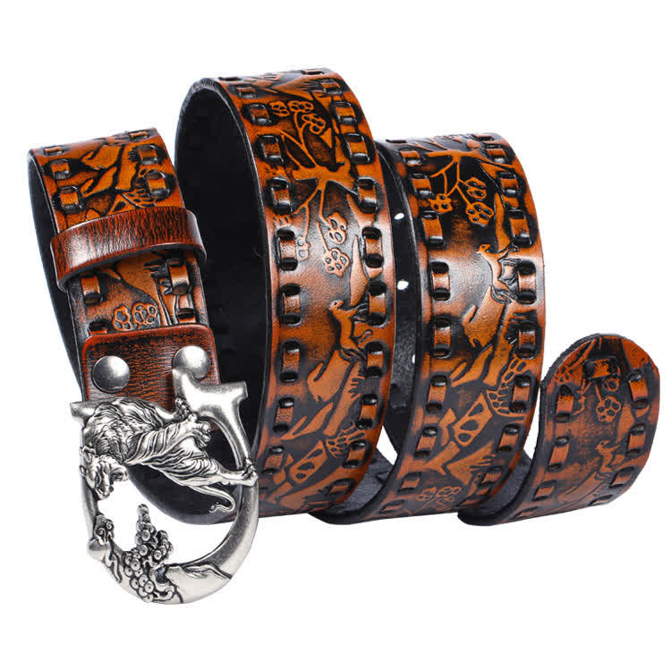 Unisex Retro Tigers gravierter Schnalle Ledergürtel