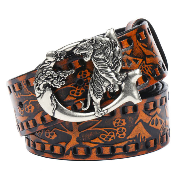Unisex Retro Tigers gravierter Schnalle Ledergürtel