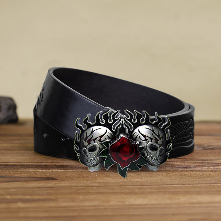 Herren DIY Doppelschädel und Rosen Schnallen Leder Gürtel