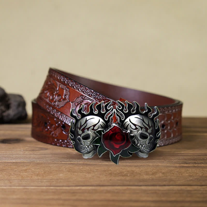 Herren DIY Doppelschädel und Rosen Schnallen Leder Gürtel