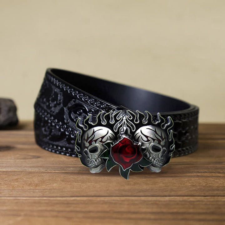 Herren DIY Doppelschädel und Rosen Schnallen Leder Gürtel