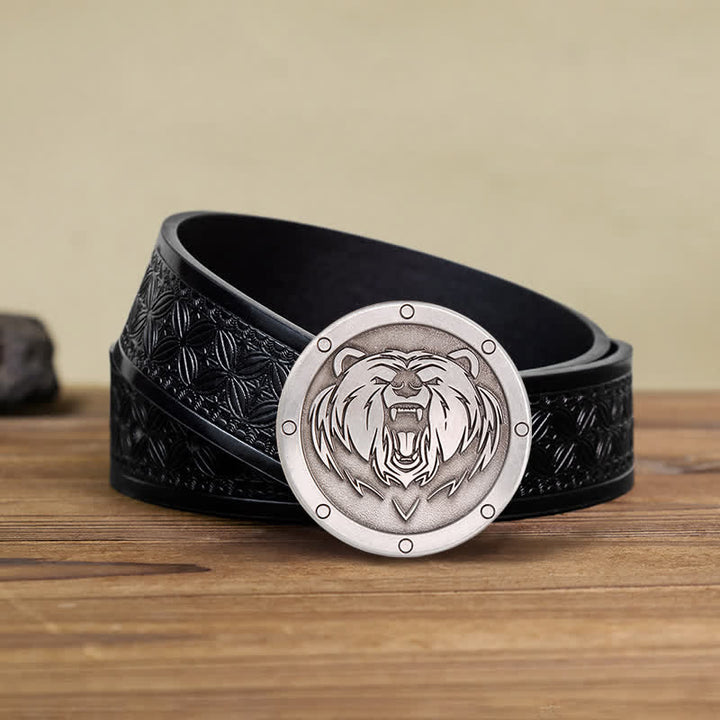 DIY Schwarzer Punk Leder Gürtel mit Rundschnalle und Tigerkopf für Männer