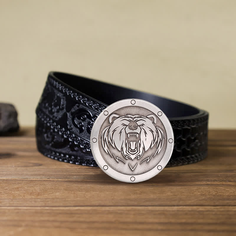 DIY Schwarzer Punk Leder Gürtel mit Rundschnalle und Tigerkopf für Männer