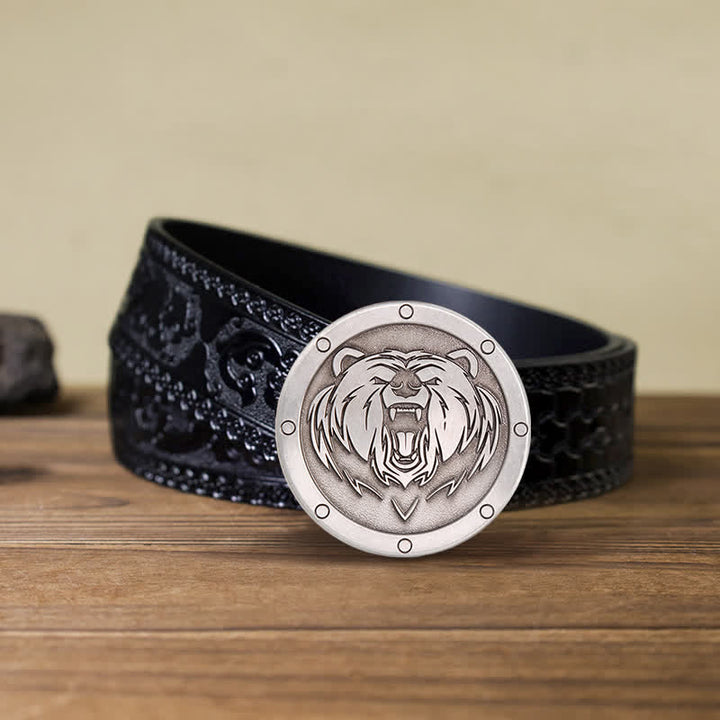 DIY Schwarzer Punk Leder Gürtel mit Rundschnalle und Tigerkopf für Männer