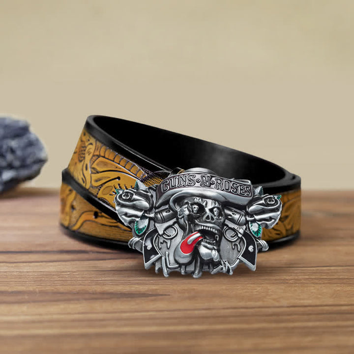 Klassischer DIY-Ledergürtel für Herren mit Guns, Roses und Skull-Schnalle