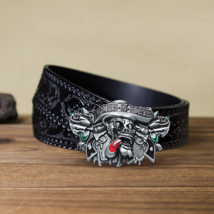 Klassischer DIY-Ledergürtel für Herren mit Guns, Roses und Skull-Schnalle